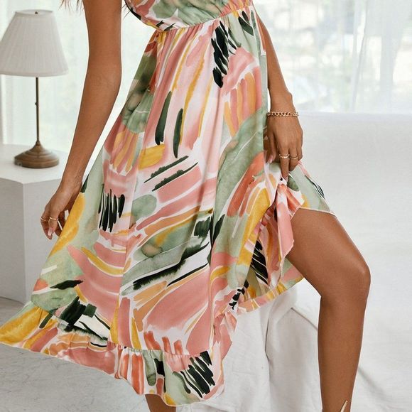 New Brush Print Overlap Collar Ruffle Hem Cami Dress Multicolor 226 - Picture 3 of 8